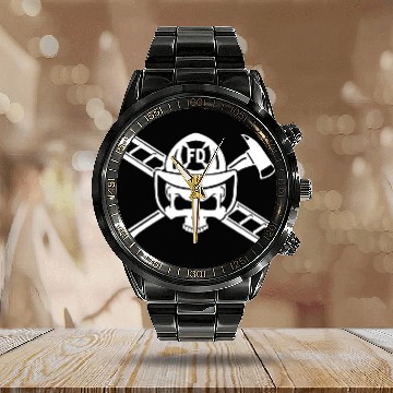 Discover Firefighter Crossbones Calendar Steel Band Watch