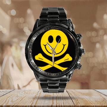 Discover Smiley Pirate Skull and Crossbones Calendar Steel Band Watch