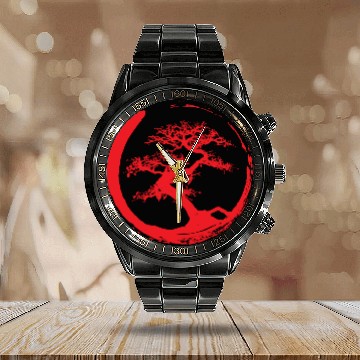 Discover Zen Bonsai Tree in Enso Circle (red) Calendar Steel Band Watch