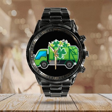 Discover Clover Truck St Patricks Day Full Green Shamrock Calendar Steel Band Watch