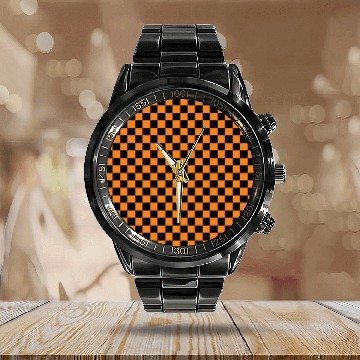 Discover Orange Checkerboard Calendar Steel Band Watch