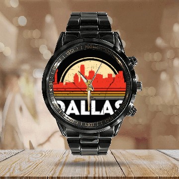 Discover Classic Retro Dallas City Skyline Vintage Calendar Steel Band Watch