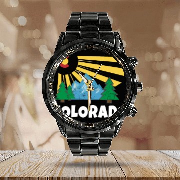 Discover Native Colorado Gifts CO State Flag Sunrise Calendar Steel Band Watch