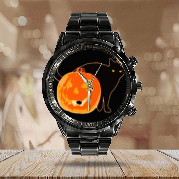 Discover Halloween Black Cat Jack o Lantern Pumpkin Funny Calendar Steel Band Watch