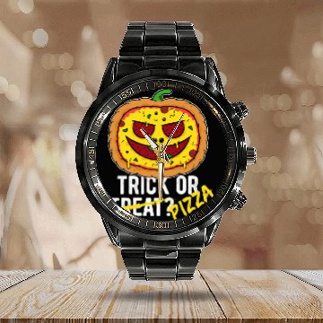 Discover Trick or Treat Pizza Face - Halloween Pizza Party Calendar Steel Band Watch