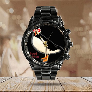 Discover Funny Puffin - Stud Bird Seafowl Alcidae Humor Calendar Steel Band Watch