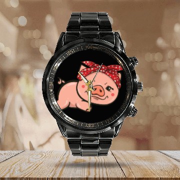 Discover Pig Piggy Hog Piglet Cute Red Bandana Gift Calendar Steel Band Watch
