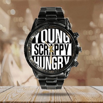 Discover young scrappy hungry black and white Calendar Steel Band Watch chef