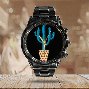 Discover Cactus in a Triangle Patterned Pot Calendar Steel Band Watch