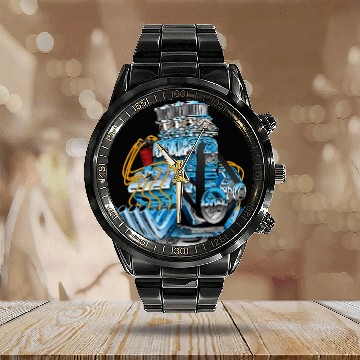 Discover Hot Rod Race Car Dragster Engine Cartoon Calendar Steel Band Watch