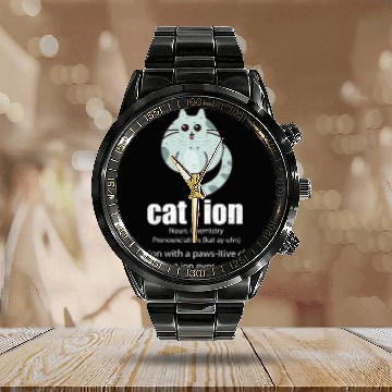 Discover Cation Cat Science Pun Chemistry Nerd Geek Calendar Steel Band Watch