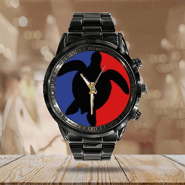 Discover red blue square button sea turtle silhouette outli Calendar Steel Band Watch