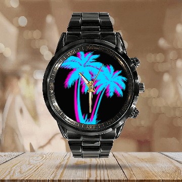 Discover Beach Vaporwave Palm Tree Gift Aesthetic Tropical Calendar Steel Band Watch