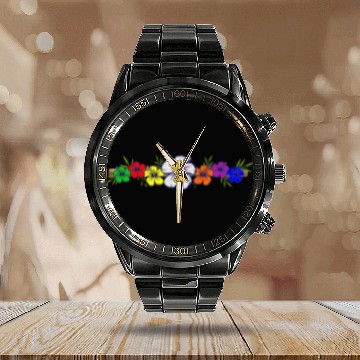 Discover Colorful Hibiscus Flowers and Bamboo Shoot Calendar Steel Band Watch