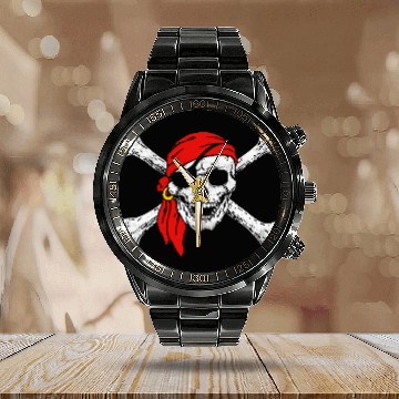 Discover Pirate Skull Crossbones Calendar Steel Band Watch