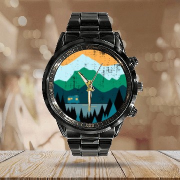 Discover Wanderlust Campeing Mountains Nature Souvenir Gift Calendar Steel Band Watch
