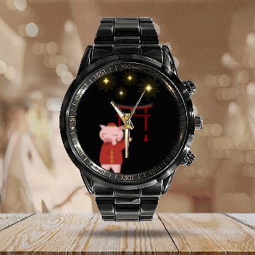 Discover Chinese Pig with fireworks and traditional archway Calendar Steel Band Watch