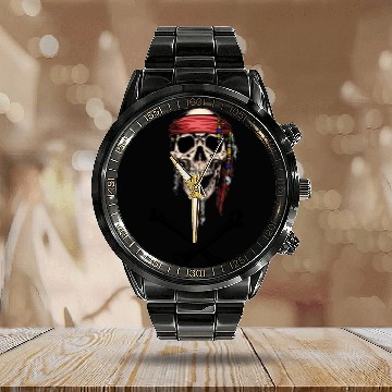 Discover Pirate Skull and Crossbones Calendar Steel Band Watch