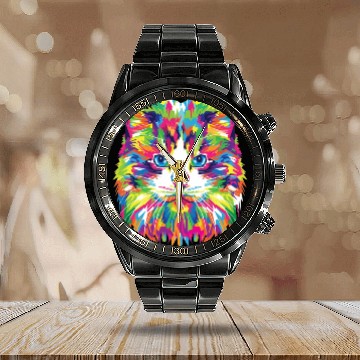 Discover Psychedelic Colorful Cat Abstract Kitten Bright Calendar Steel Band Watch
