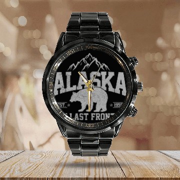 Discover Alaska - The Last Frontier Grizzly Bear Souvenir Calendar Steel Band Watch