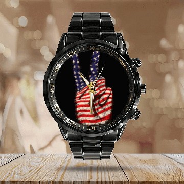 Discover American Flag Peace Sign V Victory Hand Calendar Steel Band Watch