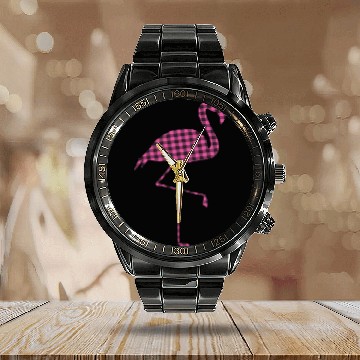 Discover Pink Buffalo Plaid Flamingo Christmas Family Calendar Steel Band Watch