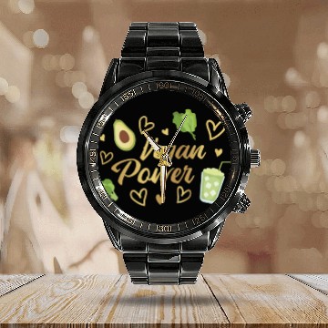 Discover Vegan Power gold plant based food Avocado Broccoli Calendar Steel Band Watch
