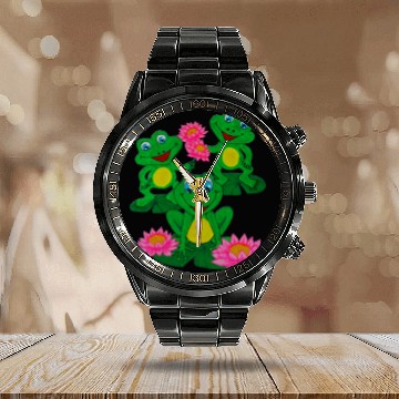 Discover HAND PAINTED FROGS ON WATERLILY Calendar Steel Band Watch