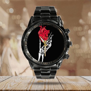 Discover Skeleton hand and red heart Calendar Steel Band Watch