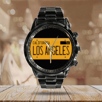 Discover Los Angeles California 1956 yellow license plate Calendar Steel Band Watch
