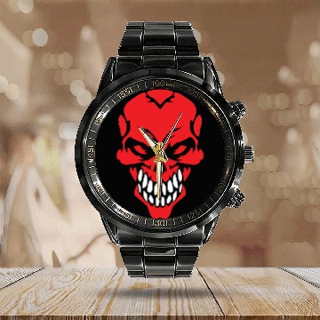 Discover Red Skull Calendar Steel Band Watch