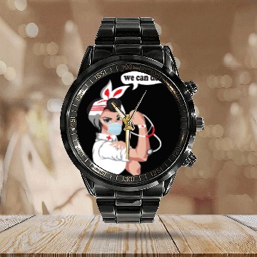 Discover Healthcare worker Rosie The Riveter Wearing Mask Calendar Steel Band Watch