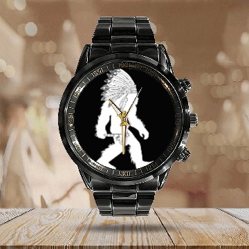 Discover native american bigfoot wearing head holding Calendar Steel Band Watch
