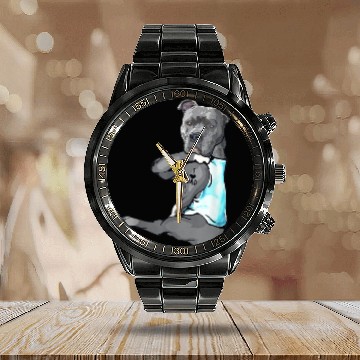 Discover Funny Dog Pitbull I Love Dad Tattoo Calendar Steel Band Watch Father