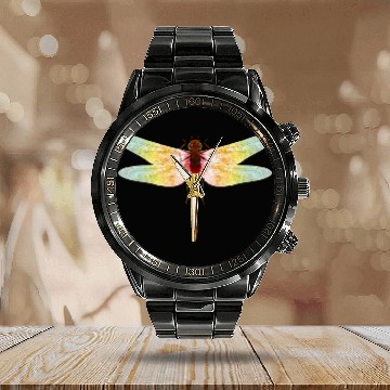 Discover fascinating iridescent drawing of a dragonfly Calendar Steel Band Watch