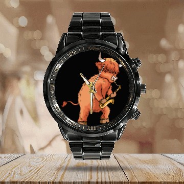 Discover Highland Cow Cattle Playing Saxophone Music Gift Calendar Steel Band Watch
