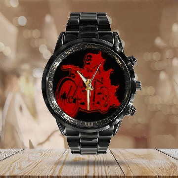 Discover Street Skeleton Riding Bicycle Design Calendar Steel Band Watch