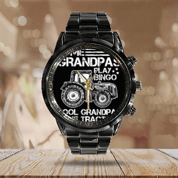 Discover Tractor Grandfather Farmer Ranch Grandparents Calendar Steel Band Watch