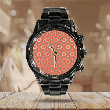 Discover Vintage Red Dotted Circle Flower Pattern 70s 80s Calendar Steel Band Watch