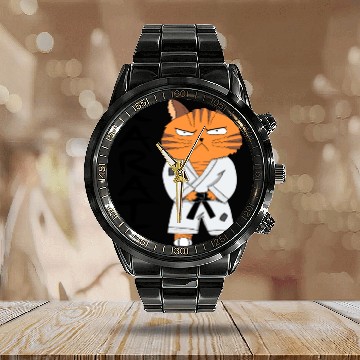 Discover Karate Cat Calendar Steel Band Watch