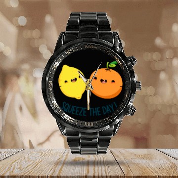 Discover Squeeze The Day cute Fruit Pun Calendar Steel Band Watch