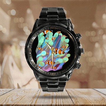 Discover Colorful Coral Reef Anemone With Clown-fish Calendar Steel Band Watch