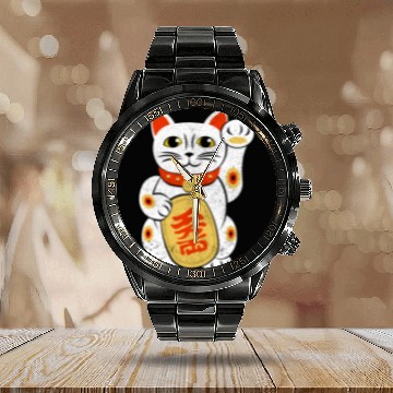 Discover Japan Lucky Cat Japanese Maneki Neko Good Luck Cha Calendar Steel Band Watch