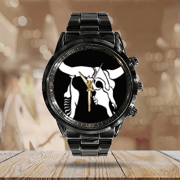 Discover Tribal White Longhorn Bull Skull w White Feather Calendar Steel Band Watch