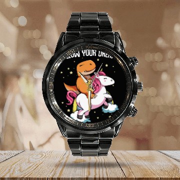Discover Follow Your Dreams Funny T-Rex Dino Rainbow Unicor Calendar Steel Band Watch