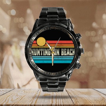Discover Huntington Beach California Retro Sunset Surf Trip Calendar Steel Band Watch