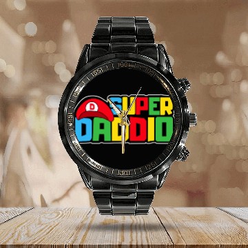 Discover Super Daddio Funny Video Gamer Dad Birthday Father Calendar Steel Band Watch