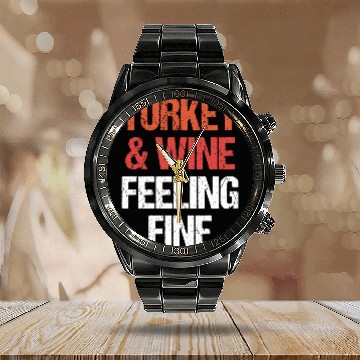 Discover Thanksgiving Turkey and Wine Feeling Fine Funny Calendar Steel Band Watch