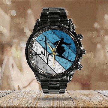 Discover Ski Skiing Skier Mountains Retro Gift Winter Snow Calendar Steel Band Watch