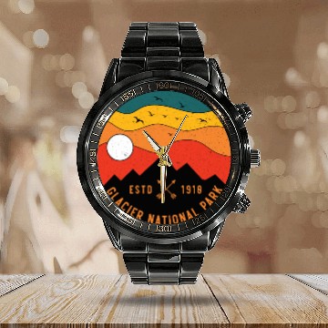 Discover Retro Glacier National Park Montana Souvenir 80s Calendar Steel Band Watch